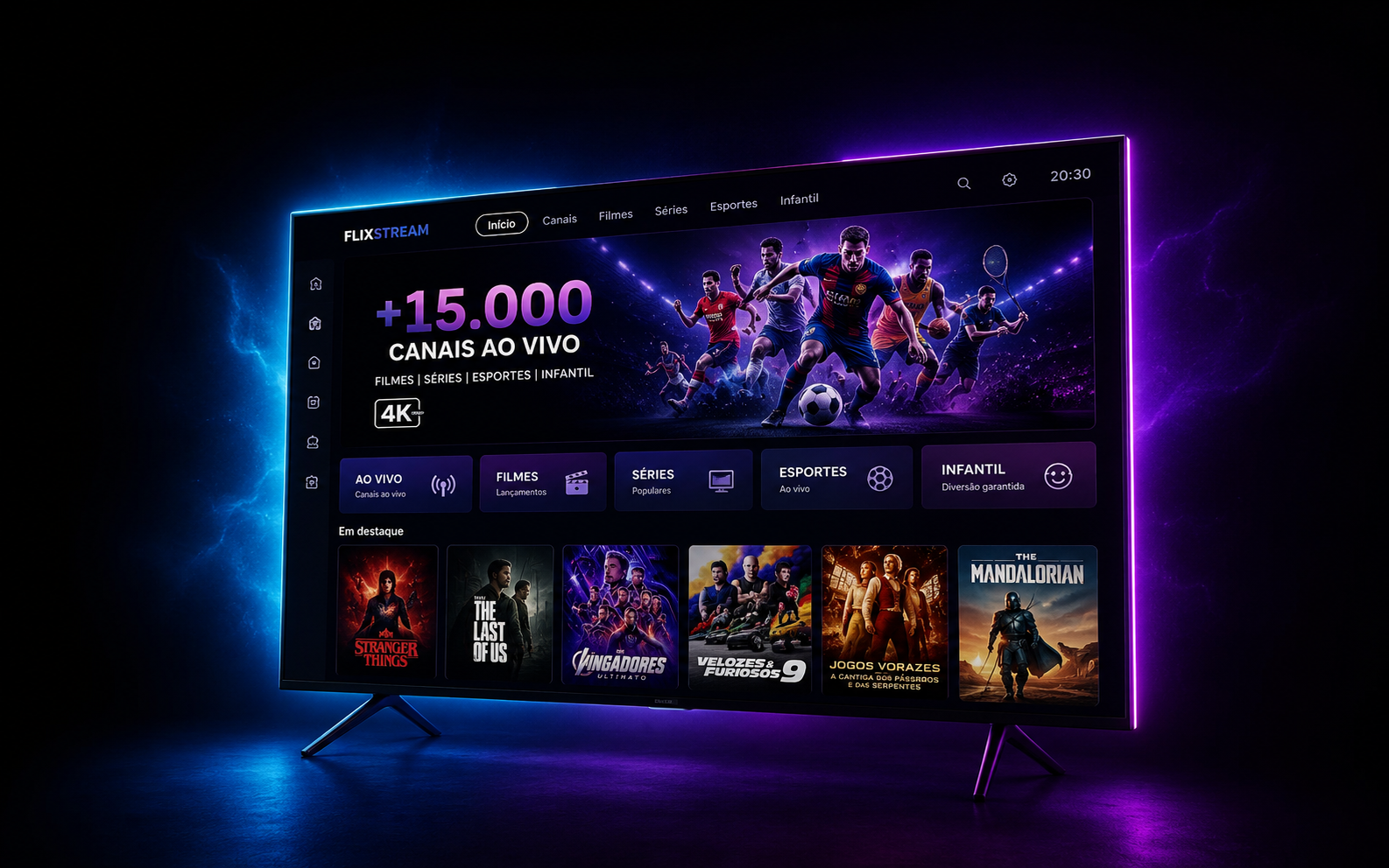 Smart TV exibindo catálogo de canais e filmes